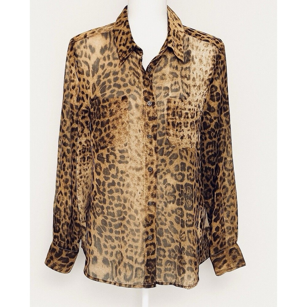 Chico’s Leopard Print Sheer Blouse M/L Button Down Long Sleeve Pockets